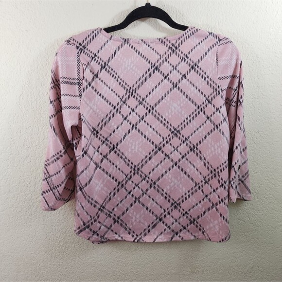 Adrienne Vittadini Womens Petite PM Pink Plaid Gromet Sleeve Round Neck Blouse - Picture 3 of 6